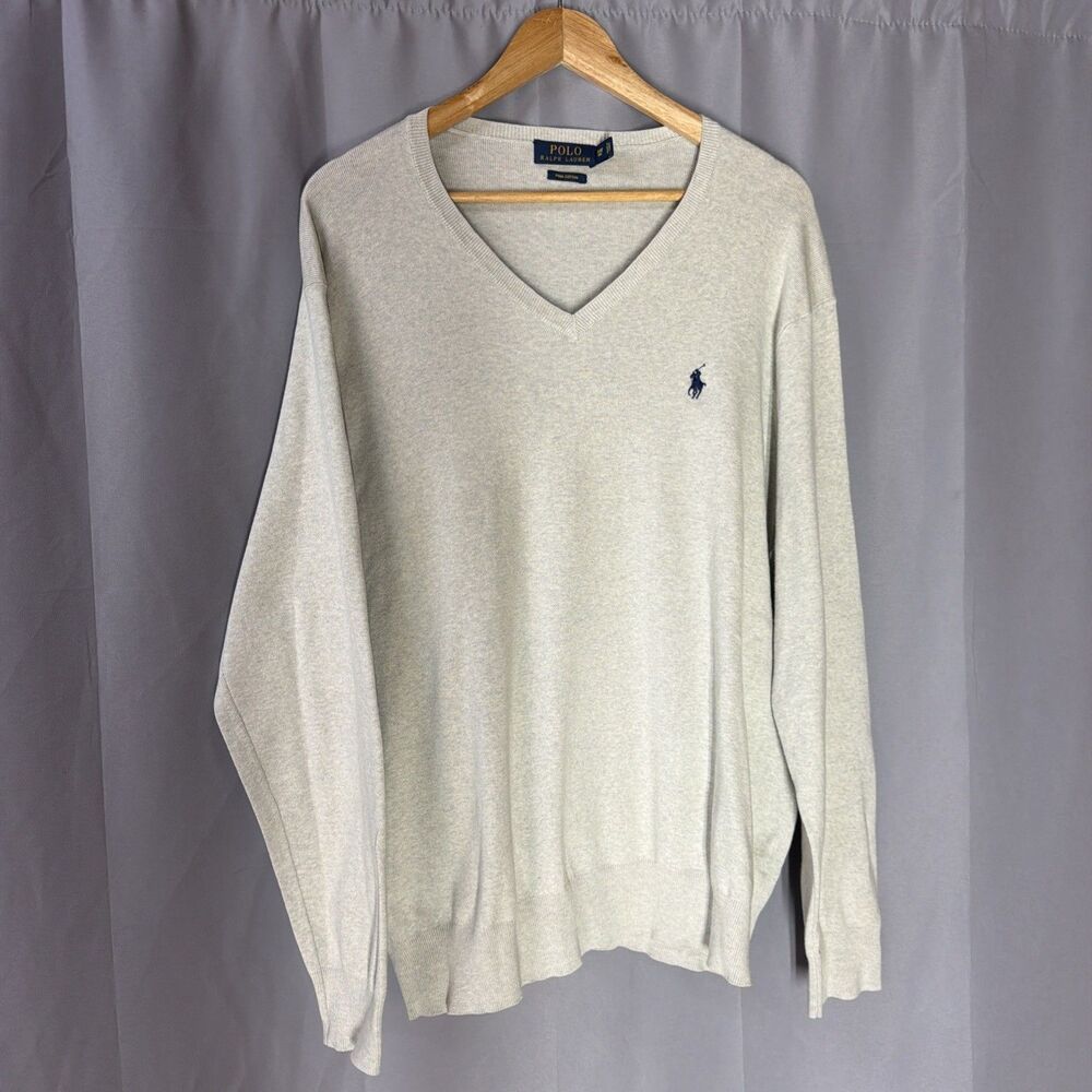 Polo Ralph Lauren Men 1XB Cream Beige V Neck 100% Pima Cotton Sweater